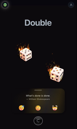 Fire Mode — flaming dice, warm glass caption card