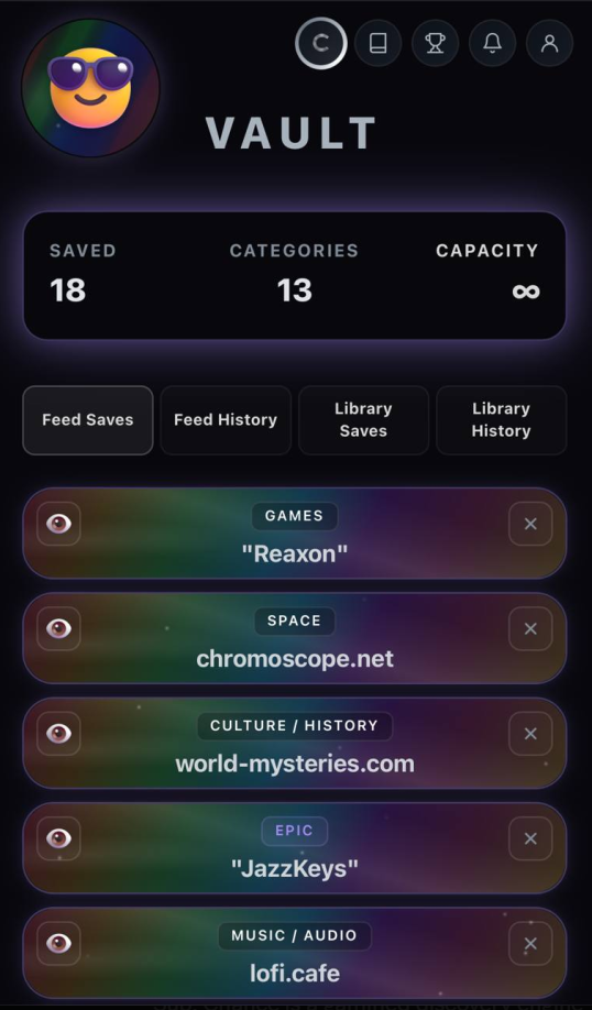 Vault — hologram skin, 18 saved sites